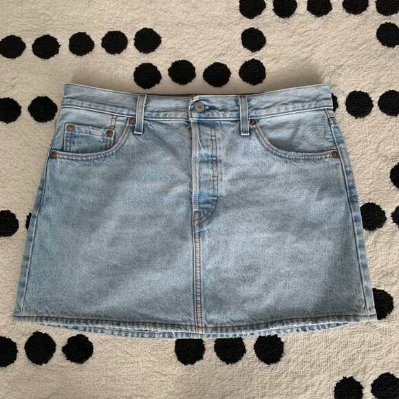 Levi's Dresses & Skirts - Levi's Icon Jean Skirt Size 29 Blue Distressed Denim Button Fly Casual Boho Mini
